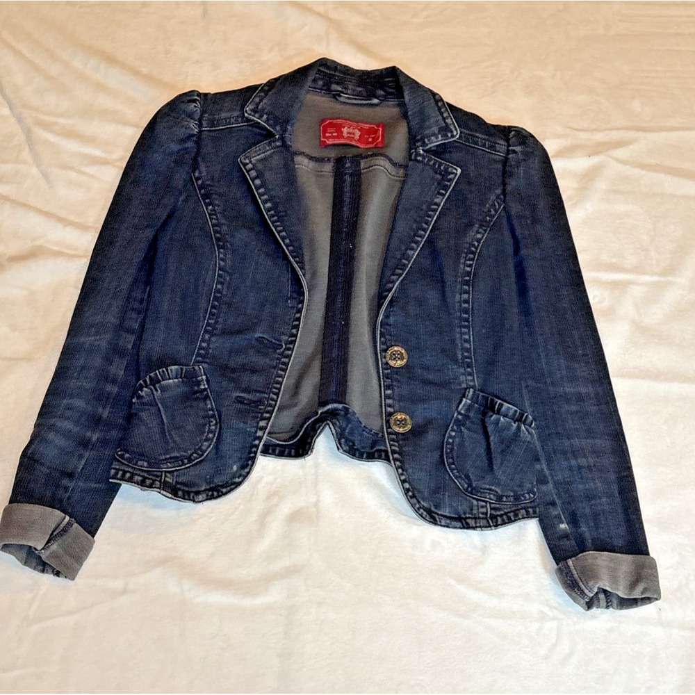 Vintage Y2K EDC Blue Fitted Denim Blazer Jean Jacket Single Button Women Size S
